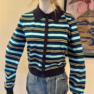 Striped Button-Up polo Collared Knit cardigan in Blue and Black